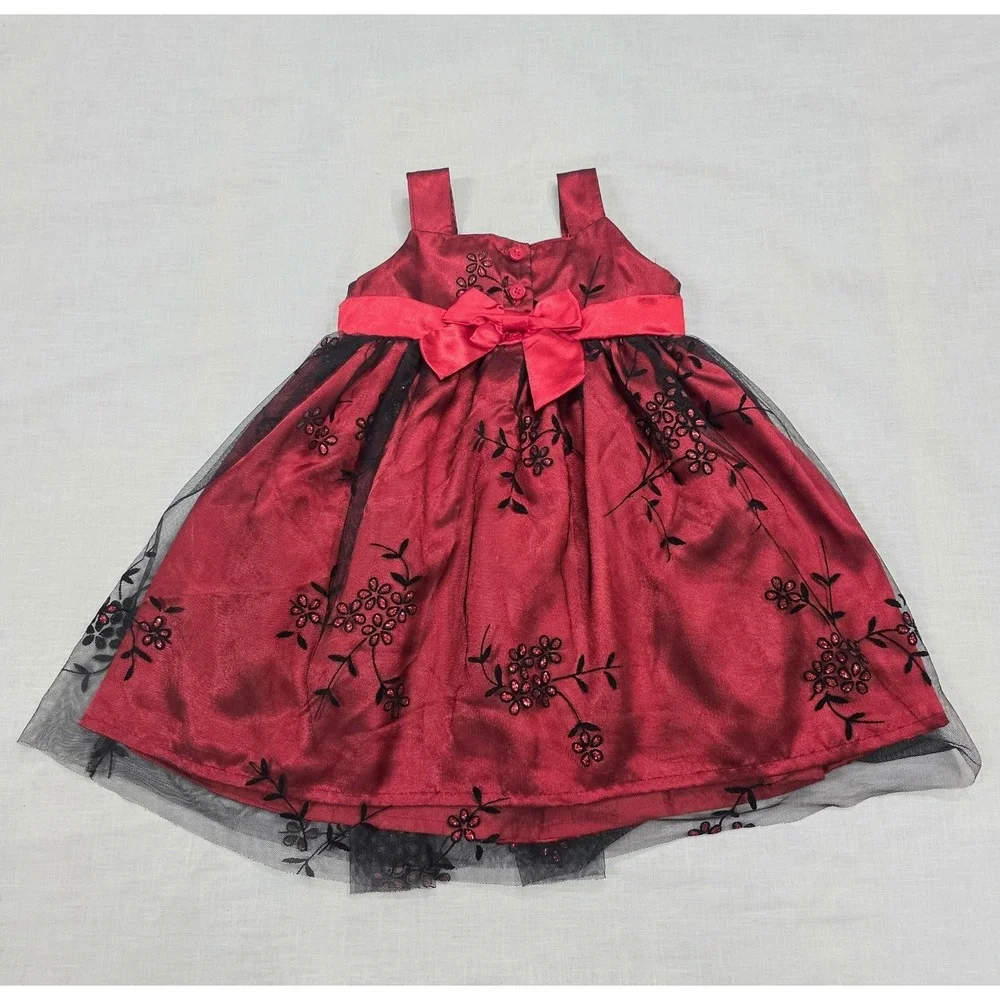 Blueberi Boulevard Dress Baby Girls 12-18M Red Floral Tulle‎ Holiday Bow Party